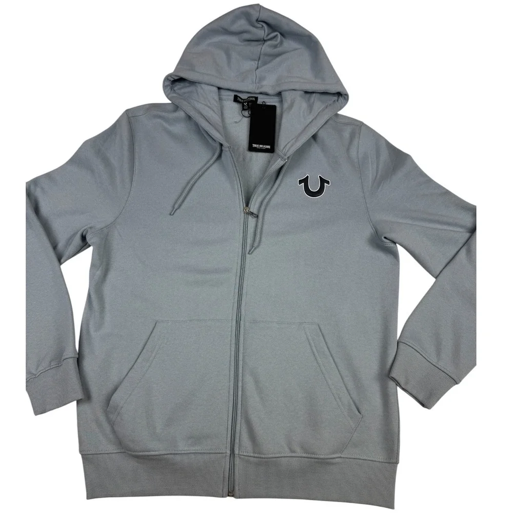 True Religion Mens Dusty Blue Full Zip Hoodie Horseshoe Buddha Logo NWT